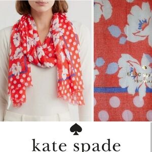 Kate Spade Springtime Floral Polka Dot Oblong Scarf Ponderosa Red, Viscose